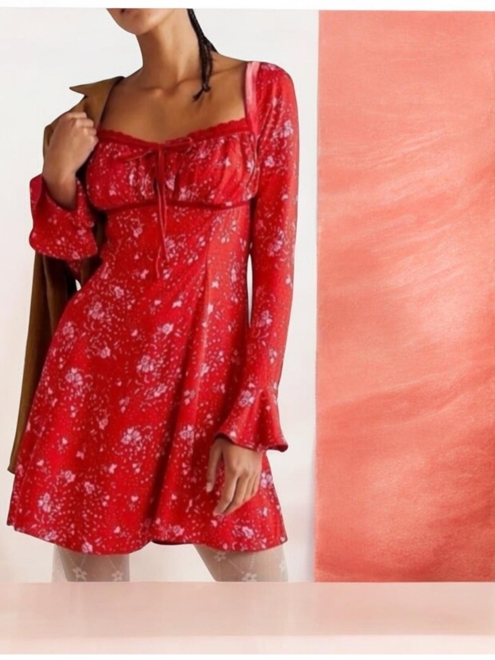 FREE PEOPLE TESS RED FLORAL VELVET LONG SLEEVE MINI DRESS SMALL - Picture 1 of 9